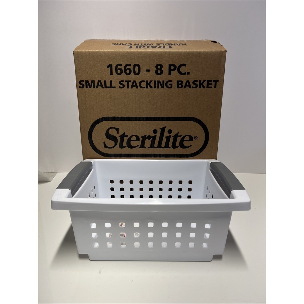 8 Pack Sterilite Small Stacking Storage Basket with Comfort Grip Handles, White